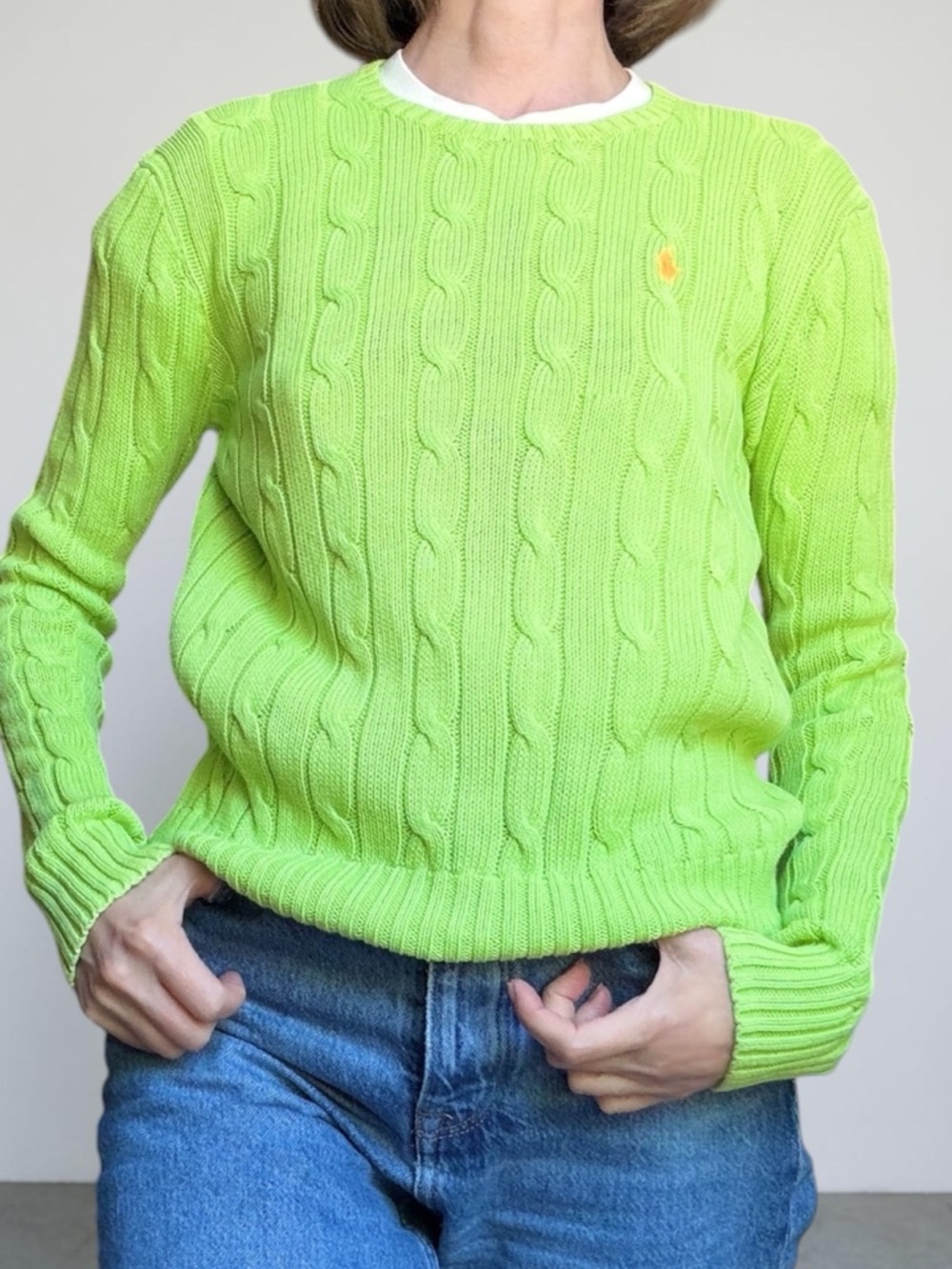 Polo Ralph Lauren Lime Green Cable-Knit Sweater Crewneck Pima Cotton M